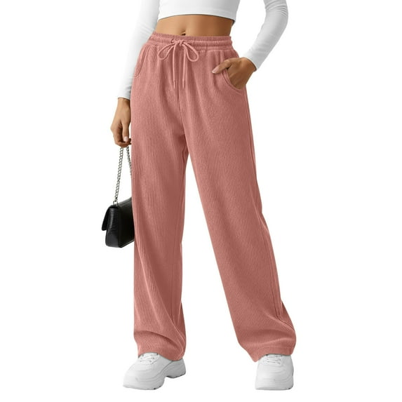 UQJfacai Womens Corduroy Pants Casual High Waisted Baggy Sweatpants Elastic Drawstring Loose Wide Leg Pants with Pockets S-2XL