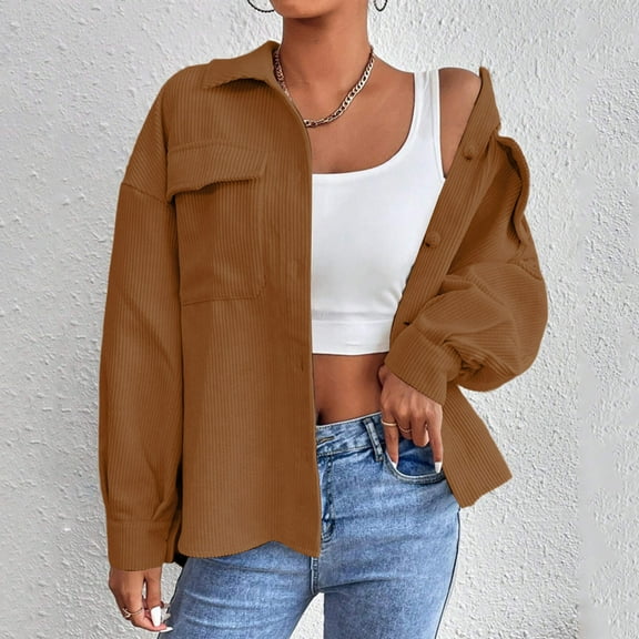 UQJfacai Womens Corduroy Shacket Button Down Long Sleeve Shirt Jacket Fall Jackets Lapel Collar Loose Casual Outerwear with Pockets