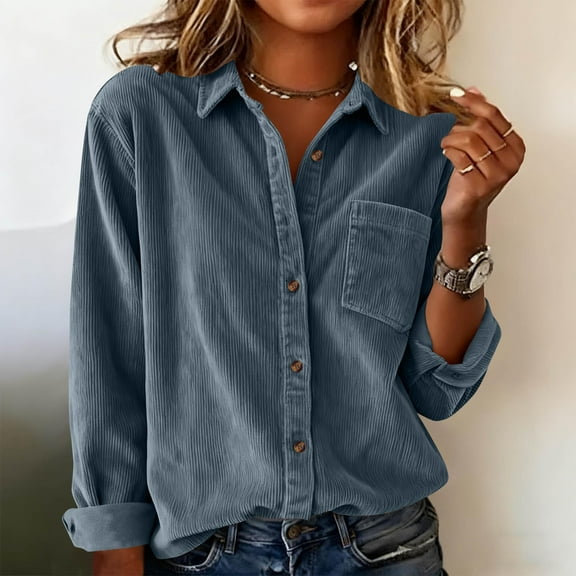 UQJfacai Womens Corduroy Shirt Dressy Casual Long Sleeve Button Up V Neck Blouses Tops Trendy Collared Loose Fit Shacket Jacket