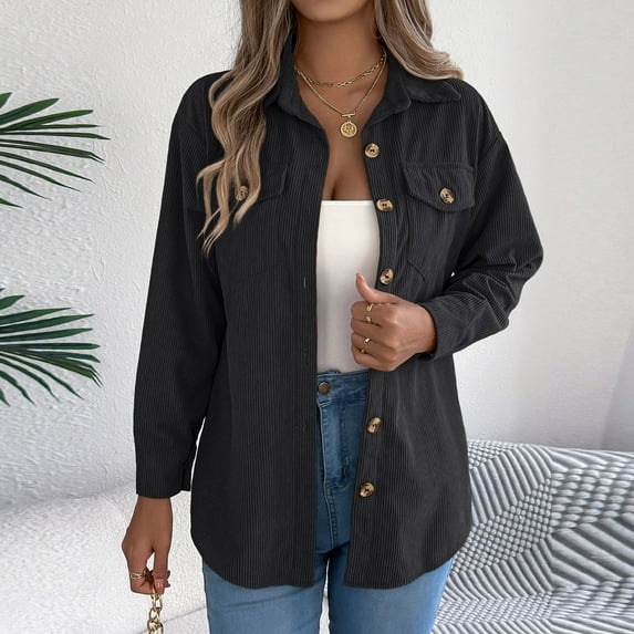 UQJfacai Womens Corduroy Shirt Long Sleeve Button Up Tunic Blouses Tops Fall Winter Lapel Collar Loose Shacket Jacket with Pockets