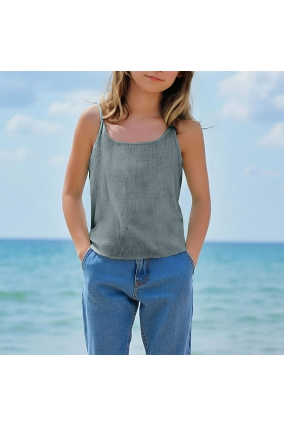 Womens Cotton Linen Tank Tops Summer Cute Sleeveless Shirts Spaghetti Strap Gauzy Casual Beach Basic Tees 5-14 Years