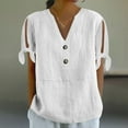 thumbnail image 1 of UQJfacai Womens Cotton Linen Tops Casual V-Neck Belted Short Sleeve Shirts Summer Button Henley Blouses Beach Vacation Clothes S-2XL, 1 of 6