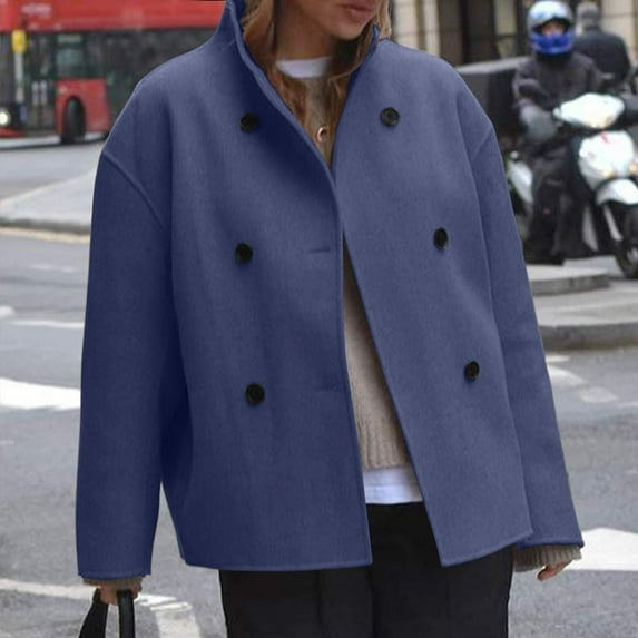 UQJfacai Womens Cropped Pea Coat Wool Blend Stand Collar Double Breasted Short Jacket Fall Winter Long Sleeve Casual Outerwear