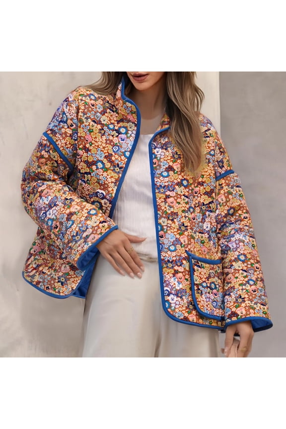Womens Cropped Quilted Jackets Floral Print Button Down Puffer Jacket Lapel Padded Winter Coat Casual Outerwear with Pockets