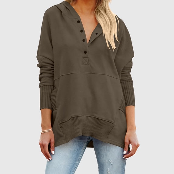 UQJfacai Womens Fashion Oversized Long Sleeve Hoodie Button Down V Neck Sweatshirt Fall Casual Hooded Pullover Tops with Pocket