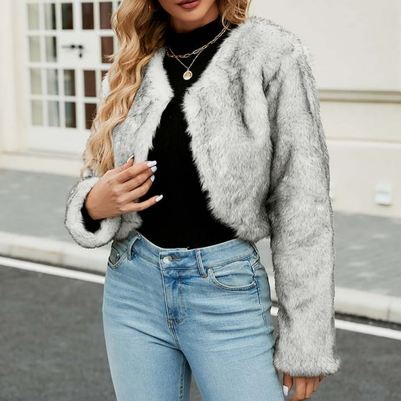 UQJfacai Womens Faux Fur Cropped Jacket Long Sleeve Open Front Cardigan Casual Fluffy Parka Shaggy Short Warm Winter Coats Outerwear