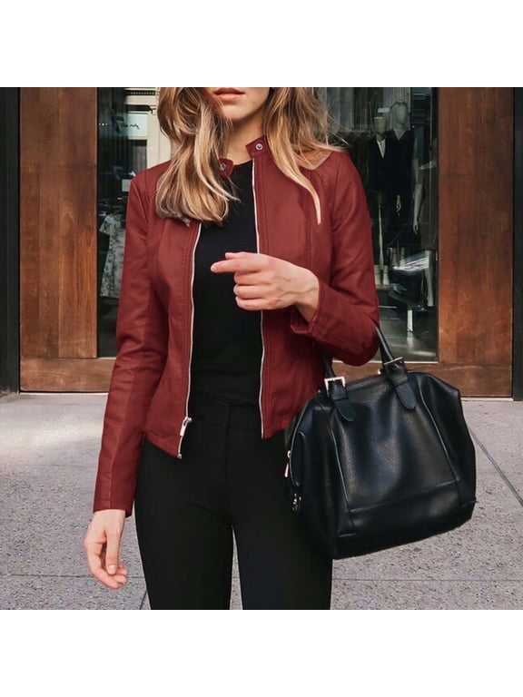 Womens Faux Leather Bomber Jacket Motorcycle Zip Up Cropped Jackets Fall Slim Fit Long Sleeve Moto Biker Vintage Racing Coats