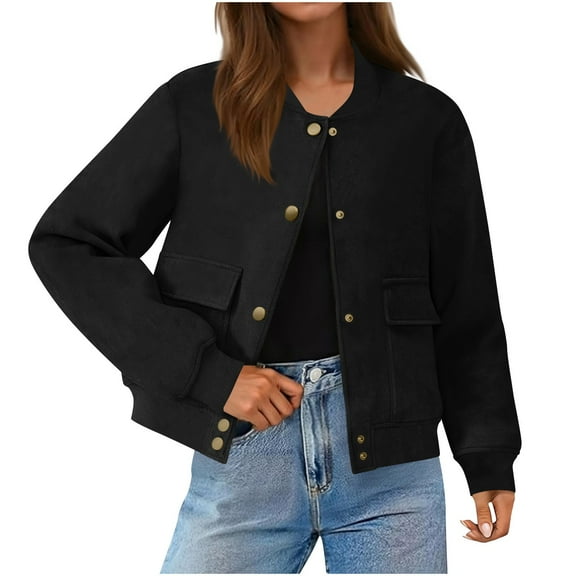 UQJfacai Womens Faux Suede Cropped Jacket Casual Lightweight Bomber Jacket Fall Winter Button Down with Pockets