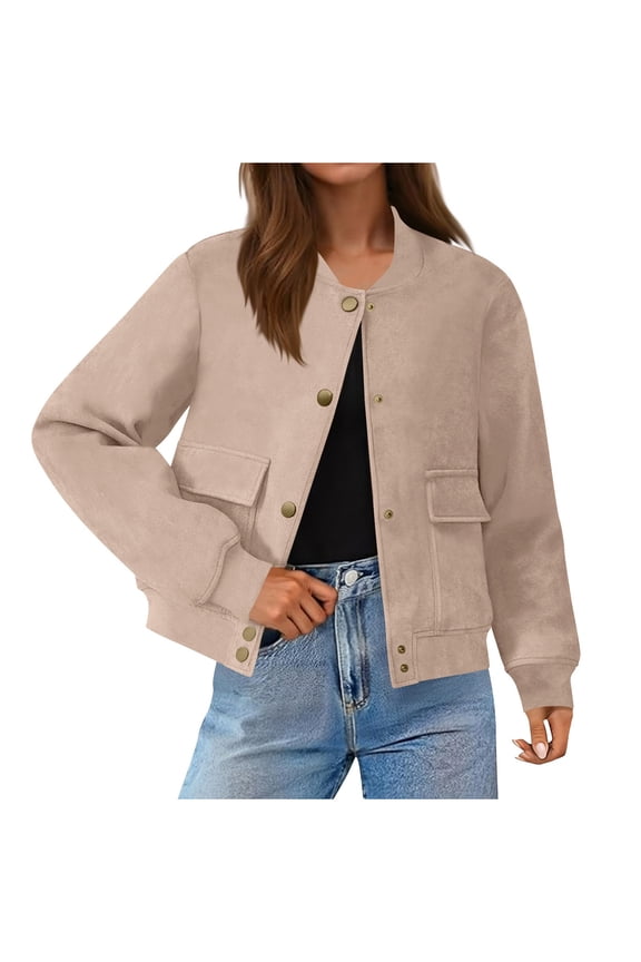 Womens Faux Suede Cropped Jacket Casual Lightweight Bomber Jacket Fall Winter Button Down with Pockets