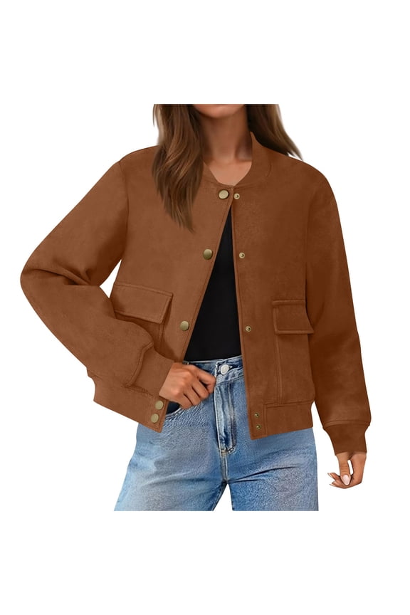 Womens Faux Suede Cropped Jacket Casual Lightweight Bomber Jacket Fall Winter Button Down with Pockets