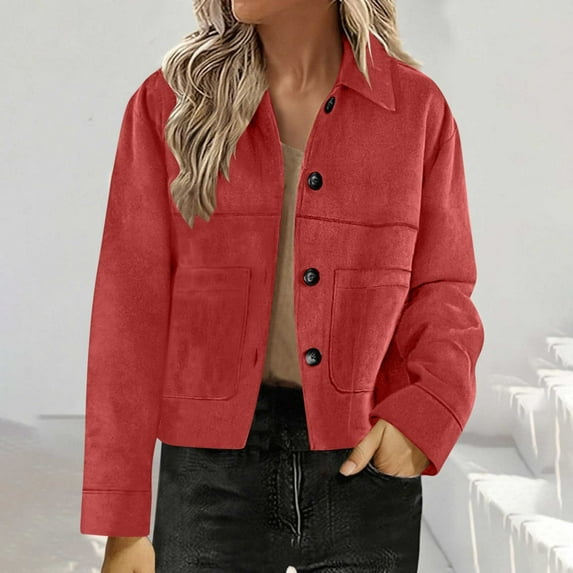 UQJfacai Womens Faux Suede Cropped Jacket Casual Lightweight Button Down Fall Jackets Fashion Collared Winter Coats Outerwear Trendy Clothes with Pockets