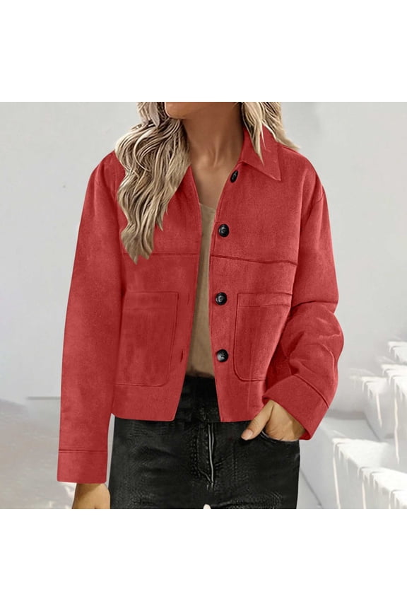 Womens Faux Suede Cropped Jacket Casual Lightweight Button Down Fall Jackets Fashion Collared Winter Coats Outerwear Trendy Clothes with Pockets