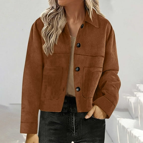 UQJfacai Womens Faux Suede Cropped Jacket Casual Lightweight Button Down Fall Jackets Fashion Collared Winter Coats Outerwear Trendy Clothes with Pockets