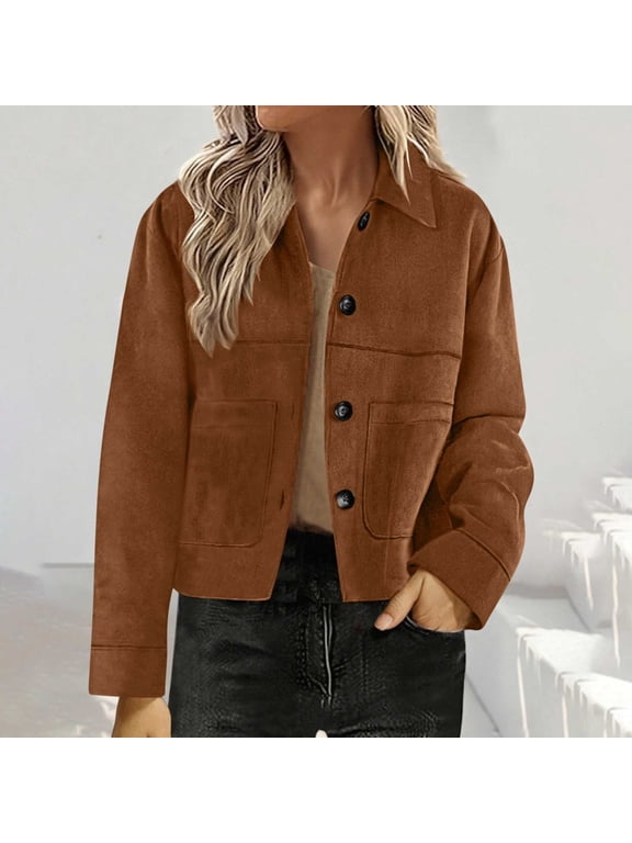 Womens Faux Suede Cropped Jacket Casual Lightweight Button Down Fall Jackets Fashion Collared Winter Coats Outerwear Trendy Clothes with Pockets