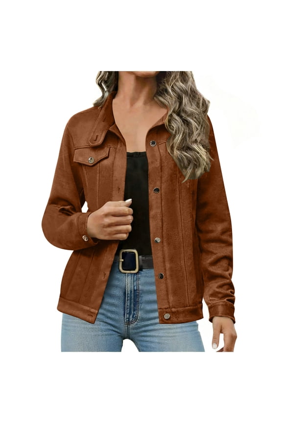 Womens Faux Suede Jacket Casual Lightweight Button Down Fall Winter Coats Fashion Long Sleeve Outerwear Trendy Clothes