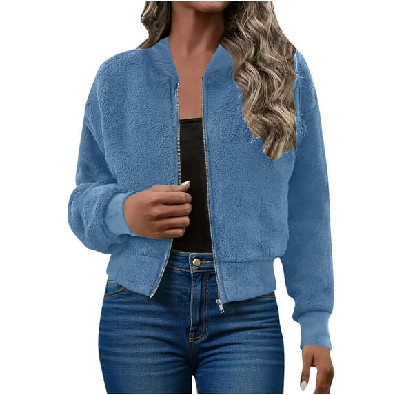 UQJfacai Womens Fleece Cropped Bomber Jacket Fuzzy Zip Up Drop Shoulder Jackets Fall Winter Casual Lightweight Sherpa Coats Outerwear