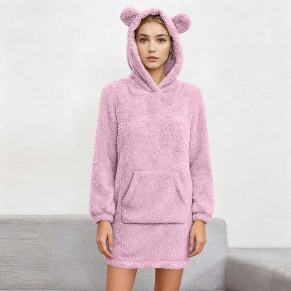UQJfacai Womens Fleece Long Hoodies Fuzzy Sherpa Bear Ear Hooded Pullover Hoodie Fall Winter Warm Thicken Casual Loose Fit Sweatshirt