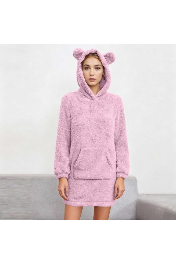 Womens Fleece Long Hoodies Fuzzy Sherpa Bear Ear Hooded Pullover Hoodie Fall Winter Warm Thicken Casual Loose Fit Sweatshirt