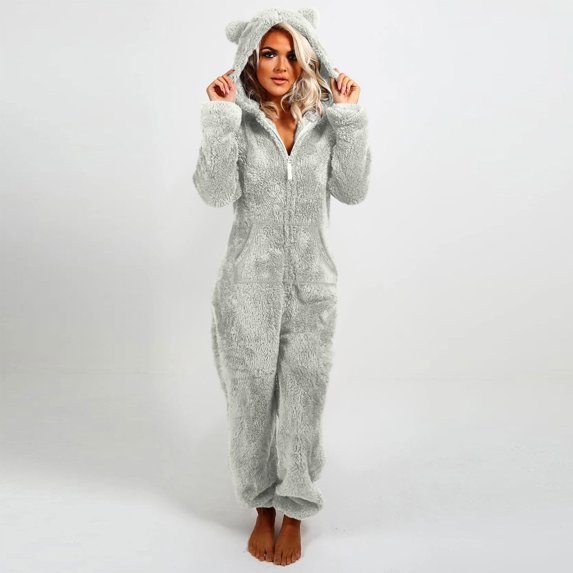UQJfacai Womens Fleece Onesies Pajamas Jumpsuit Warm Sherpa Romper Sleepwear One Piece Zipper Cat Ear Hooded Playsuit Loungewear