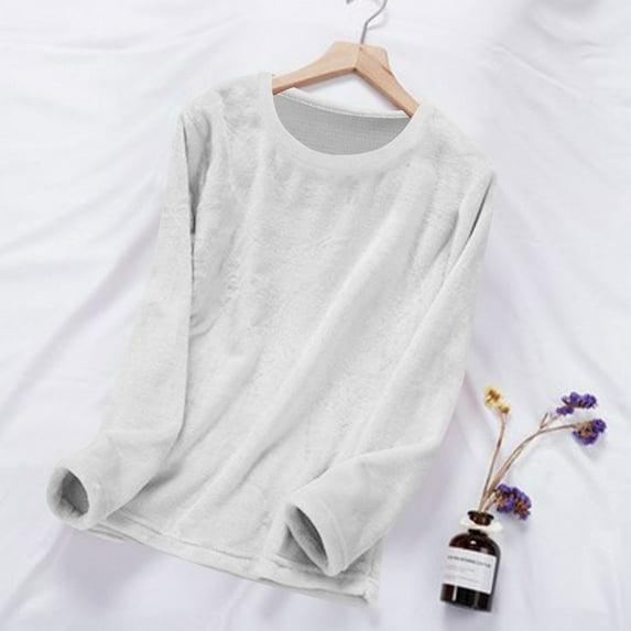 UQJfacai Womens Fuzzy Flannel Tops Long Sleeve Round Neck Shirts Fall Winter Warm Solid Loose Pullover Fashion Loungewear S-2XL