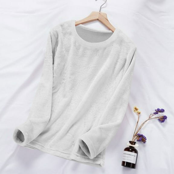 UQJfacai Womens Fuzzy Flannel Tops Long Sleeve Round Neck Shirts Fall Winter Warm Solid Loose Pullover Fashion Loungewear S-2XL