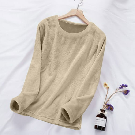 UQJfacai Womens Fuzzy Flannel Tops Long Sleeve Round Neck Shirts Fall Winter Warm Solid Loose Pullover Fashion Loungewear S-2XL