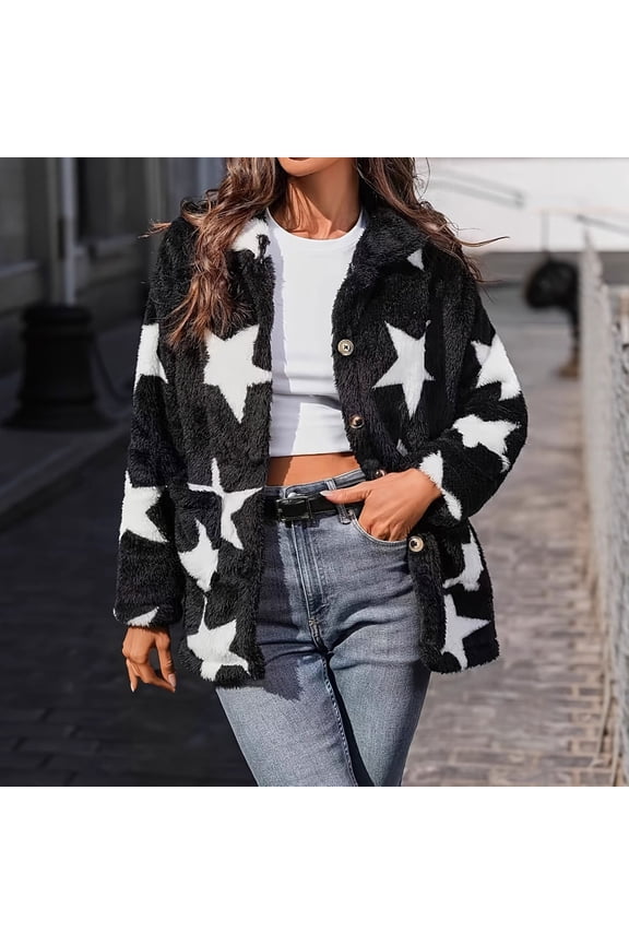Womens Fuzzy Fleece Jacket Star Print Faux Fur Jacekts Button Down Cardigan Coats Winter Hooded Sherpa Casual Outerwear