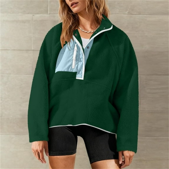 UQJfacai Womens Fuzzy Fleece Pullover Color Block Sherpa Sweatshirt Long Sleeve Button Down Sweater Winter Fleece Jacket with Pockets