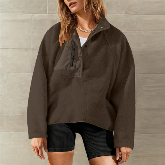 UQJfacai Womens Fuzzy Fleece Pullover Color Block Sherpa Sweatshirt Long Sleeve Button Down Sweater Winter Fleece Jacket with Pockets