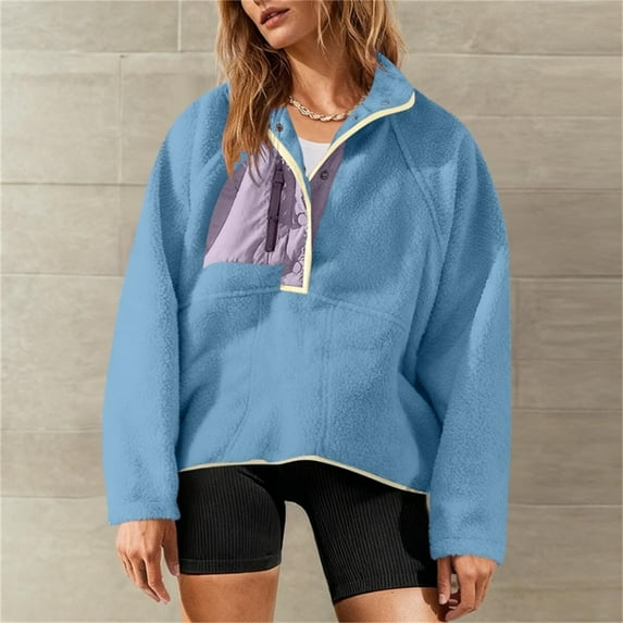 UQJfacai Womens Fuzzy Fleece Pullover Color Block Sherpa Sweatshirt Long Sleeve Button Down Sweater Winter Fleece Jacket with Pockets