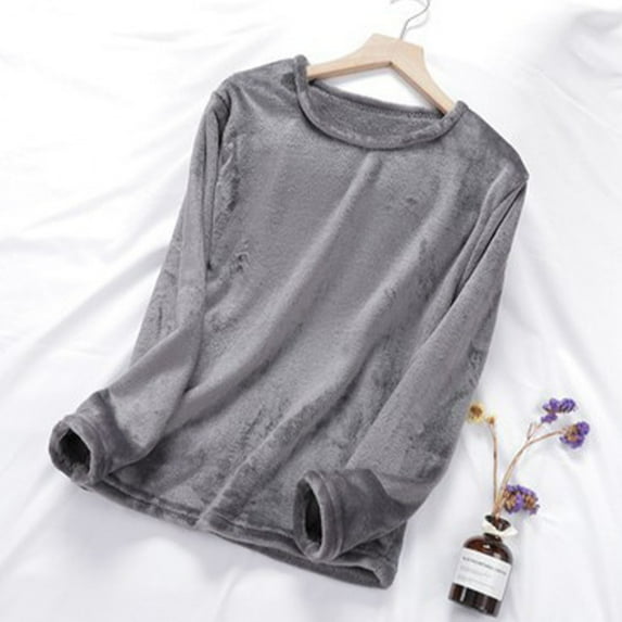 UQJfacai Womens Fuzzy Pajama Tops Flannel Crewneck Long Sleeve Shirts Pullover Soft Fleece Pjs Top Winter Warm Thicken Sleepwear M-XL