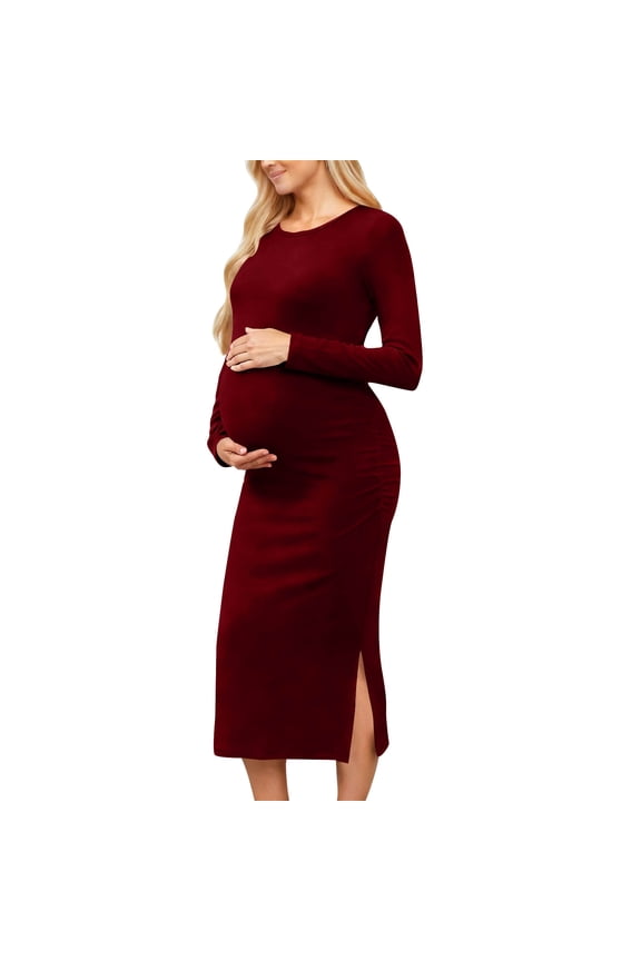 Womens Knit Maternity Sweater Dress Ruched Long Sleeve Crenweck Side Split Dresses Casual Pregnancy Clothes S-2XL