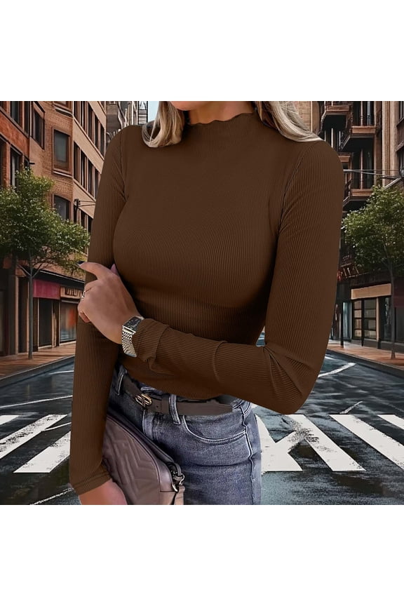 Womens Lettuce Trim Mock Neck Tops Casual Long Sleeve Strech Slim Fitted Ribbed Knit Basic Tee Shirt Spring Clothes S-2XL