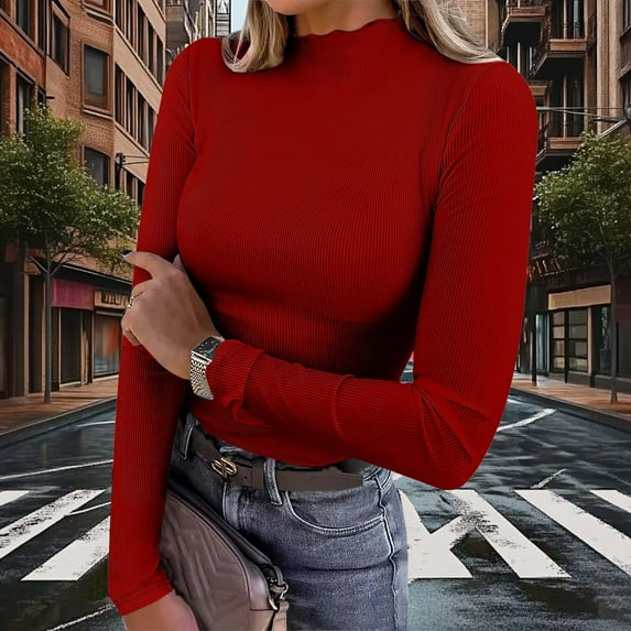 UQJfacai Womens Lettuce Trim Mock Neck Tops Casual Long Sleeve Strech Slim Fitted Ribbed Knit Basic Tee Shirt Spring Clothes S-2XL
