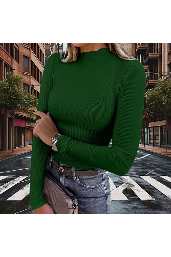 Womens Lettuce Trim Mock Neck Tops Casual Long Sleeve Strech Slim Fitted Ribbed Knit Basic Tee Shirt Spring Clothes S-2XL