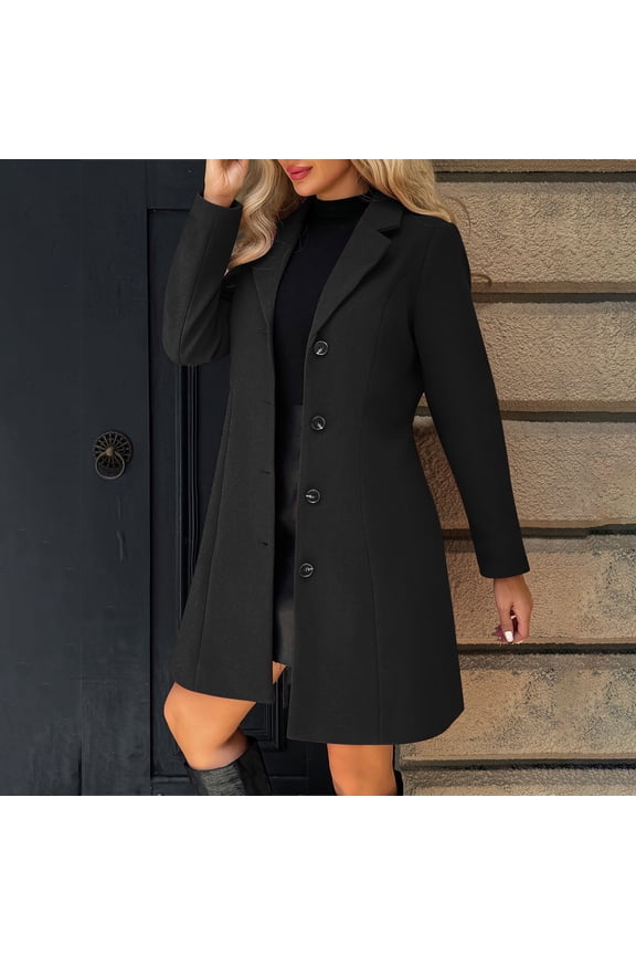 Womens Long Pea Coats Winter Wool Blend Single Breasted Notch Lapel Collar Trench Coat Long Sleeve Jackets Overcoats Casual Outerwear