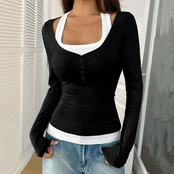 UQJfacai Womens Long Sleeve Henley T-Shirts Button Ribbed Knit Scoop Neck Slim Fitted Basic Crop Tops Blouse Patchwork Y2k Clothes