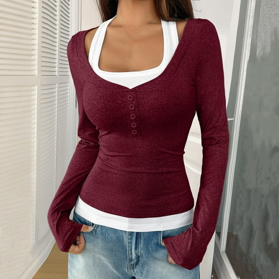 UQJfacai Womens Long Sleeve Henley T-Shirts Button Ribbed Knit Scoop Neck Slim Fitted Basic Crop Tops Blouse Patchwork Y2k Clothes