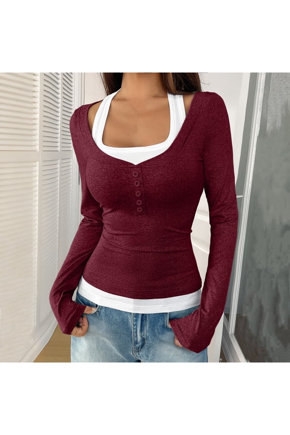 Womens Long Sleeve Henley T-Shirts Button Ribbed Knit Scoop Neck Slim Fitted Basic Crop Tops Blouse Patchwork Y2k Clothes
