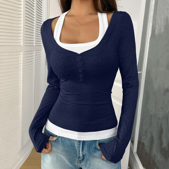 UQJfacai Womens Long Sleeve Henley T-Shirts Button Ribbed Knit Scoop Neck Slim Fitted Basic Crop Tops Blouse Patchwork Y2k Clothes