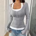 thumbnail image 1 of UQJfacai Womens Long Sleeve Henley T-Shirts Button Ribbed Knit Scoop Neck Slim Fitted Basic Crop Tops Blouse Patchwork Y2k Clothes, 1 of 6