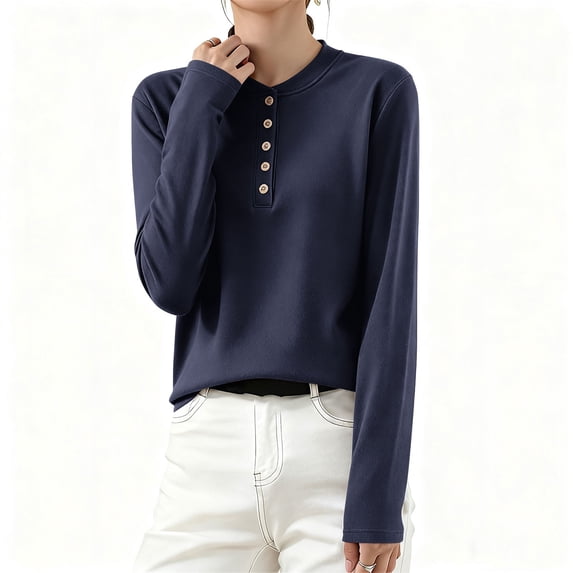 UQJfacai Womens Long Sleeve Shirts Casual Button Up Crewneck Henley Tops Spring Loose Fit Soft Layering Basic Tee Blouse