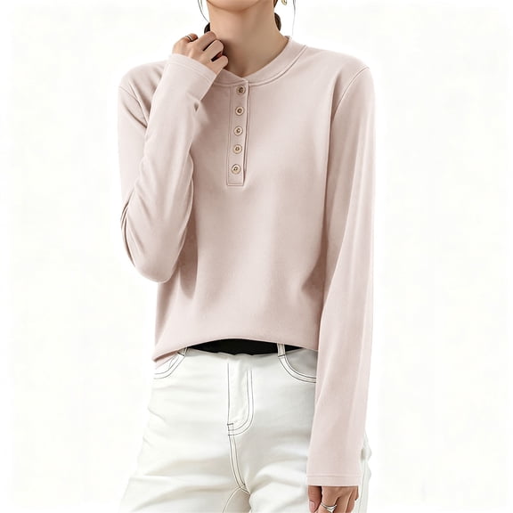 UQJfacai Womens Long Sleeve Shirts Casual Button Up Crewneck Henley Tops Spring Loose Fit Soft Layering Basic Tee Blouse