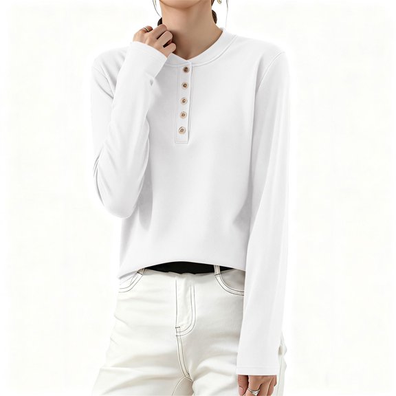 UQJfacai Womens Long Sleeve Shirts Casual Button Up Crewneck Henley Tops Spring Loose Fit Soft Layering Basic Tee Blouse