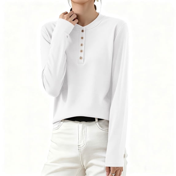UQJfacai Womens Long Sleeve Shirts Casual Button Up Crewneck Henley Tops Spring Loose Fit Soft Layering Basic Tee Blouse