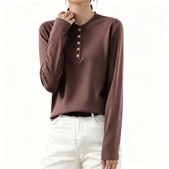 UQJfacai Womens Long Sleeve Shirts Casual Button Up Crewneck Henley Tops Spring Loose Fit Soft Layering Basic Tee Blouse