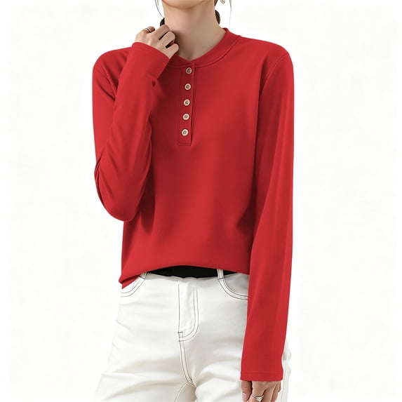 UQJfacai Womens Long Sleeve Shirts Casual Button Up Crewneck Henley Tops Spring Loose Fit Soft Layering Basic Tee Blouse