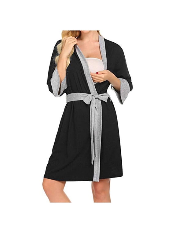 Womens Maternity Nursing Robe Color Block Pregnancy Breastfeeding Bathrobes Labor Delivery Nightgowns Sleepwear S-2XL