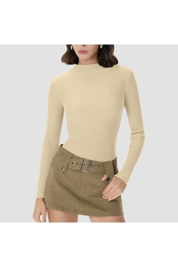 Womens Mock Turtleneck Long Sleeve Shirts Ribbed Knit Lightweight Pullover Sweater Stretch Slim Fitted Crop Tops