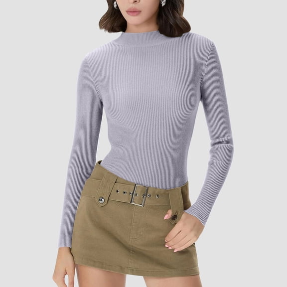 UQJfacai Womens Mock Turtleneck Long Sleeve Shirts Ribbed Knit Lightweight Pullover Sweater Stretch Slim Fitted Crop Tops